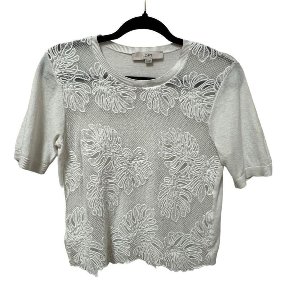 LOFT Monstera Leaf Mesh Short Sleeve Top, Size XS